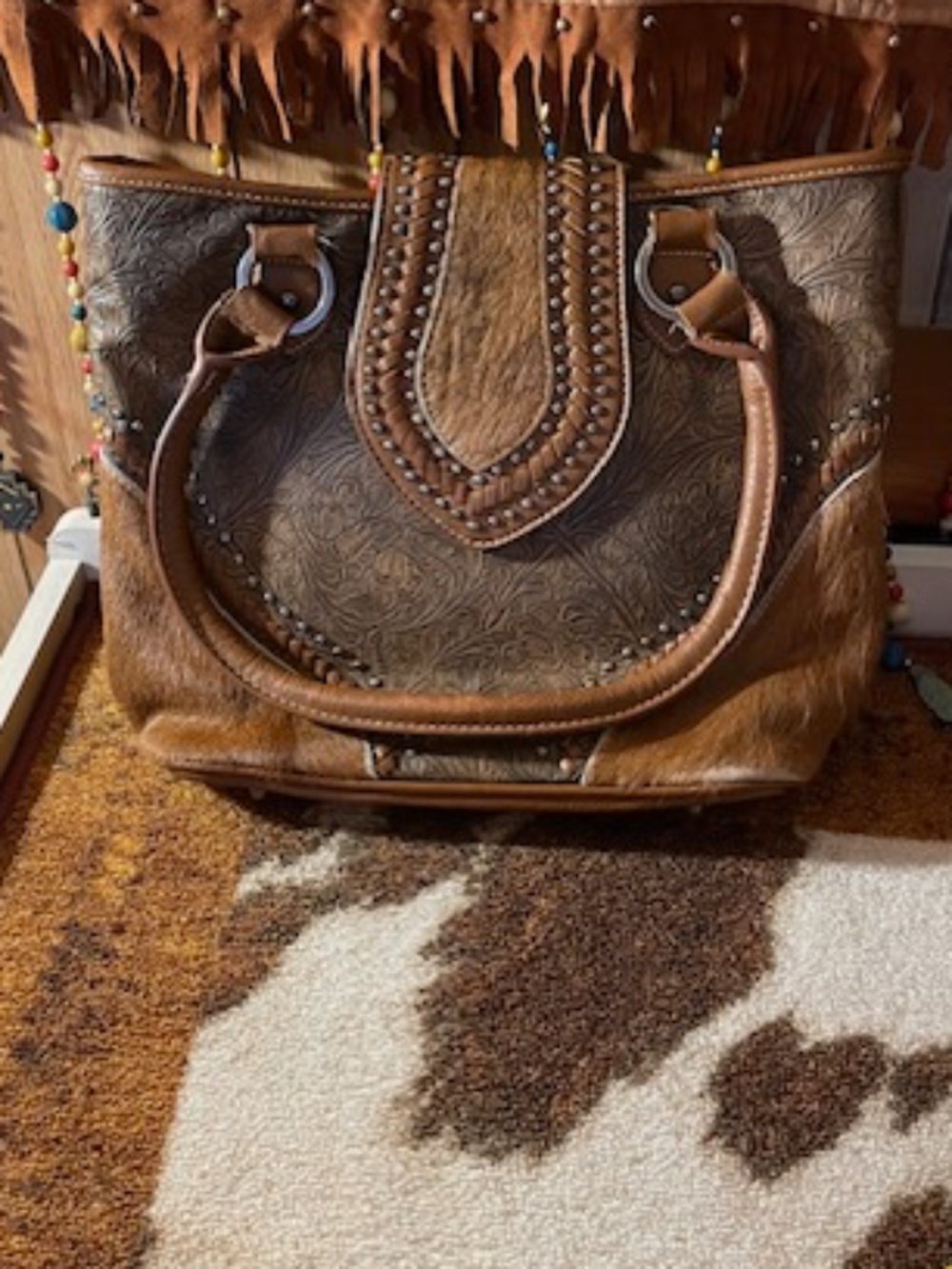 Trinity Ranch Embossed Brown Leather & Haircalf Studded Tote